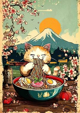 Cat Eating Ramen with Mount Fuji