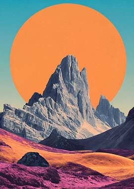 Surreal Mountain Landscape with Orange Sun
