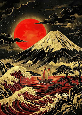 Mount Fuji with Red Sun and Ship