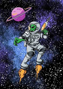 Alien Astronaut with Ray Gun in Space