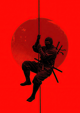Ninja climbing rope against red sun