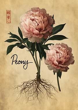 Peony Flower with Roots and Chinese Seal