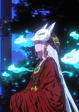 Woman in Fox Mask with Spirit Foxes