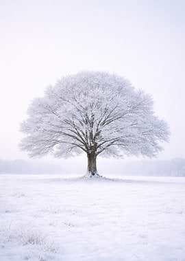 Solitary Snow-Covered Tree in Winter Field