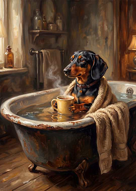 Dachshund enjoying a bath with tea