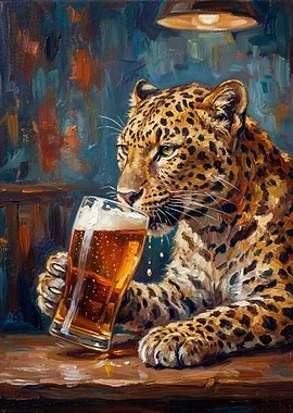 Leopard drinking beer in a bar