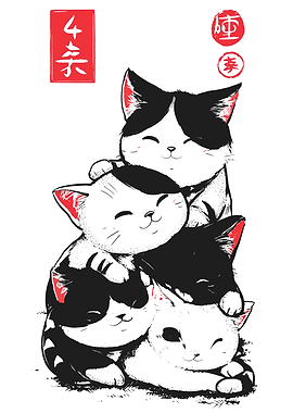 Stack of Cute Cats with Japanese Text