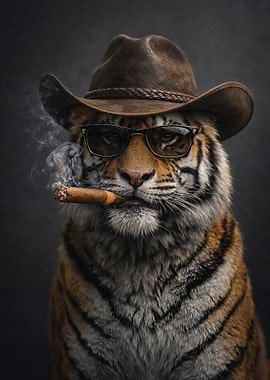 Tiger wearing a cowboy hat and smoking