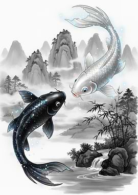 Yin Yang Koi Fish in Misty Mountains