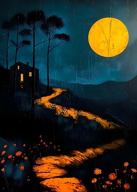 Mystical Night Landscape with Moonlit Path