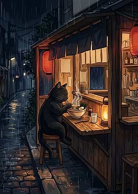 Black Cat Eating Ramen Desgin
