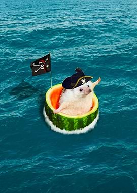 Hedgehog pirate on a watermelon boat
