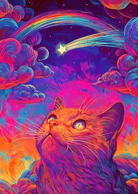 Cat Gazing at Shooting Star and Rainbow
