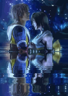 Tidus and Yuna in a watery reflection