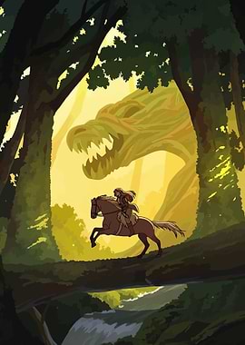 Rider and Dragon in Enchanted Forest