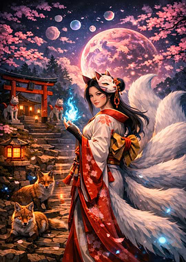 Kitsune Woman with Fox Companions