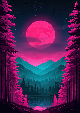 Neon Forest Lake at Night