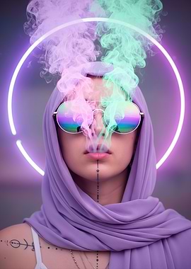 Woman with Neon Halo and Smoke