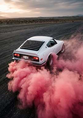White Classic Car Drifting with Pink Smoke