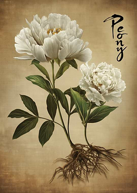White Peony with Roots and Calligraphy