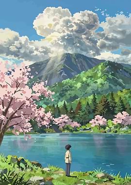 Boy by a serene lake mountains cherry blossoms