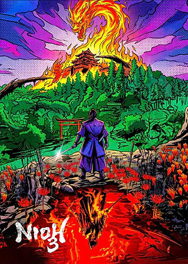 Samurai Facing Fiery Dragon and Burning Castle