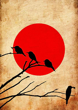 Birds on a branch with red sun