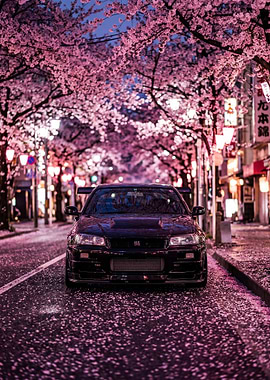 Nissan Skyline R34 Under Cherry Blossoms