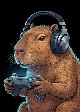 Capybara Gamer with Headphones and Controller