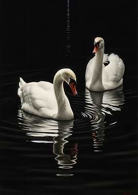 Two Swans on Dark Water
