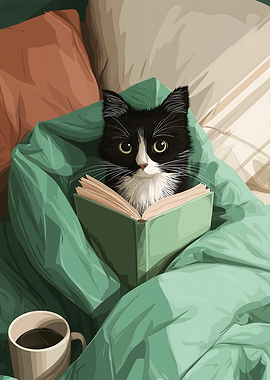 Cat Reading a Book with Coffee