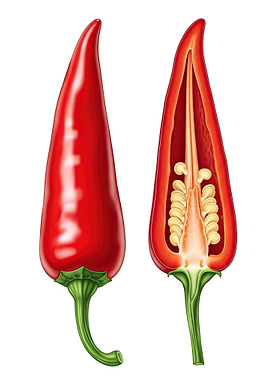 Red Chili Pepper, Whole and Halved