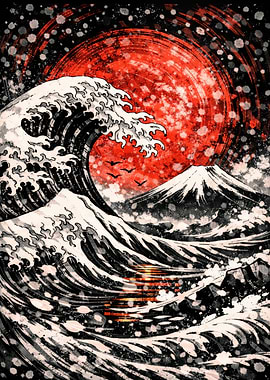 Great Wave with Red Sun and Fuji