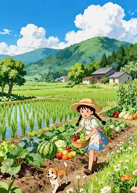 Girl and Dog in a Vegetable Garden