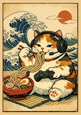 Gaming Cat Ramen Poster, Japanese Wave Art, Retro Anime Food Wall Print