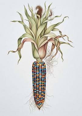 Colorful Indian Corn with Roots and Leaves