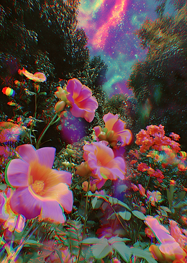 Psychedelic Garden with Cosmic Sky