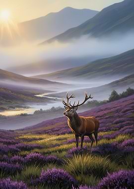 Majestic Stag in Heather Field