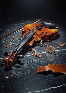 Broken Violin on Marble Surface