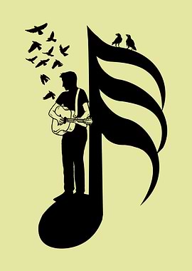 Musician and Birds Silhouette - Guitarist - thirty second note