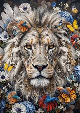 Majestic Lion with Floral and Butterfly Embellishments