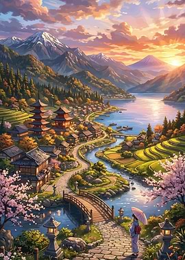 Serene Japanese Village at Sunset