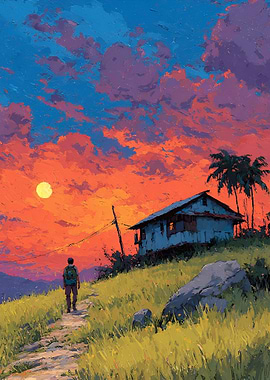 Hiker on a path at sunset