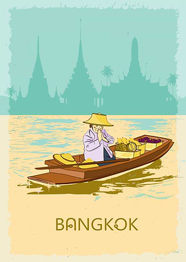 Bangkok Floating Market Vintage Poster