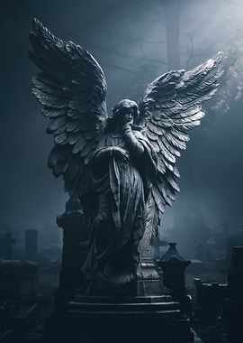 Angel Statue in Foggy Cemetery