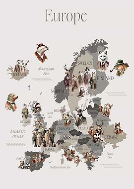 Anthropomorphic Animals on a Map of Europe