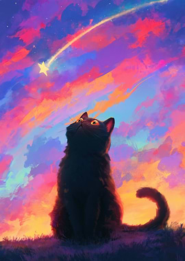 Black Cat Watching a Shooting Star