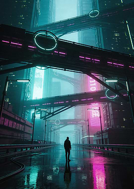 Cyberpunk Cityscape with Lone Figure