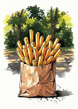 Paper bag of french fries in a park