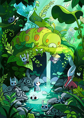 Hollow Knight Characters in a Lush Forest